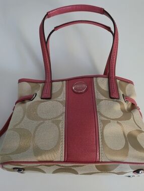 Coach Tan Signature Canvas Tote with Pink Trim